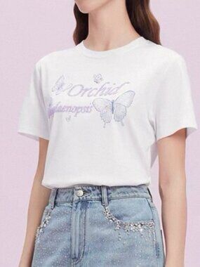 White Cotton Orchid Butterfly Graphic Short Sleeve Tee with Crystal Decoration